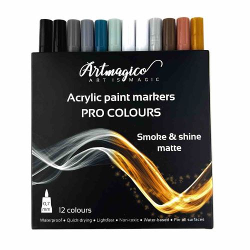Artmagico PRO LINE SMOKE and SHINE akril filctollak, vastagság 0,7 mm, 12 darabos készlet, fekete és fehér szín matt árnyalatai